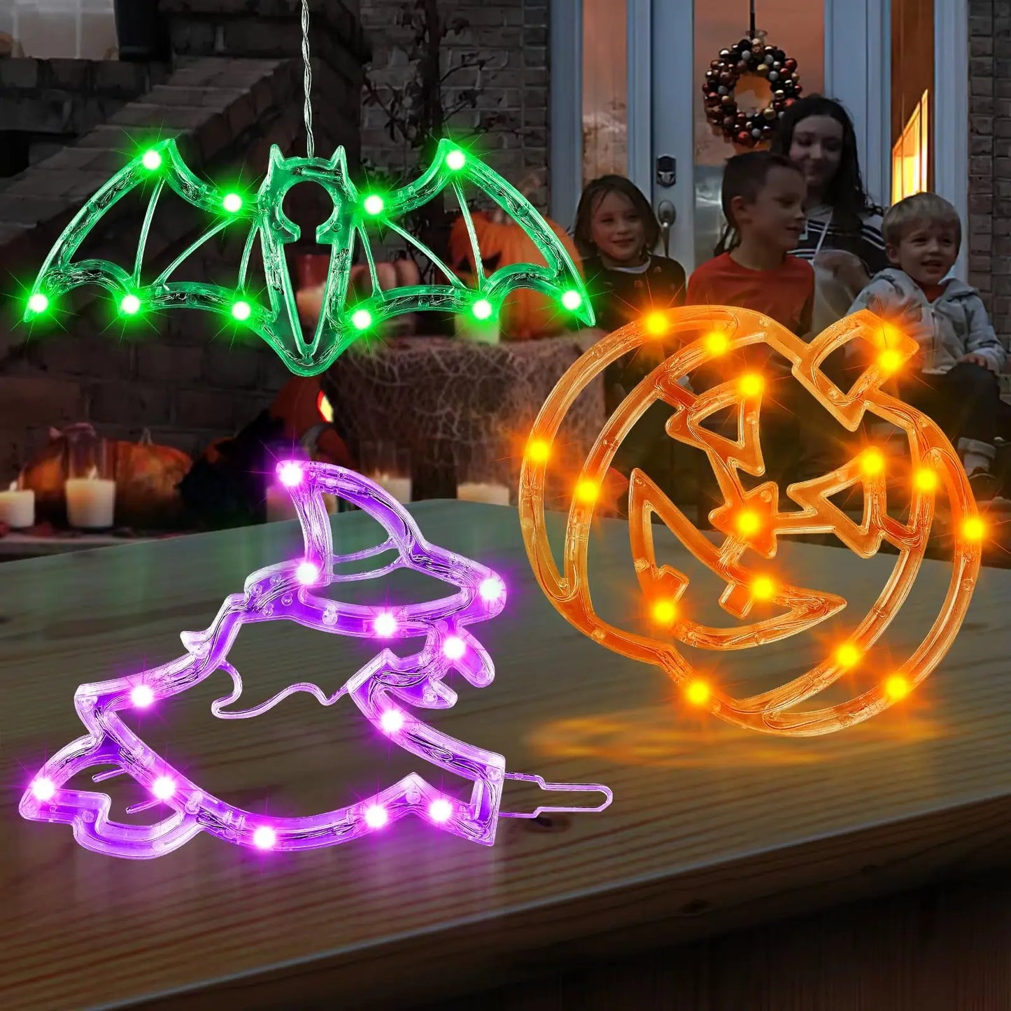 Halloween decorations, 3 pcs. Halloween lights, orange pumpkin, purple witch, green bat. Cute Halloween decorations for indoor parties.
