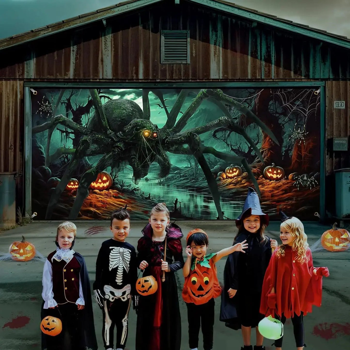 Large Halloween Garage Door Decoration – Horror Spider, Pumpkin & Bat Banner for Spooky Parties & Outdoor Display
