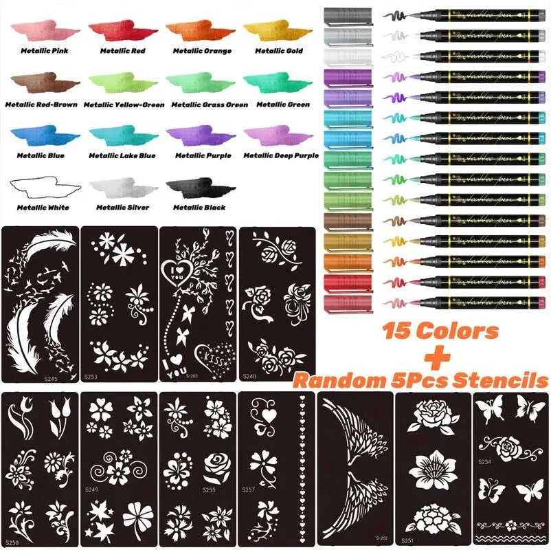 Temporary Tattoo Markers – 10/15 Color Skin-Safe Tattoo Pens