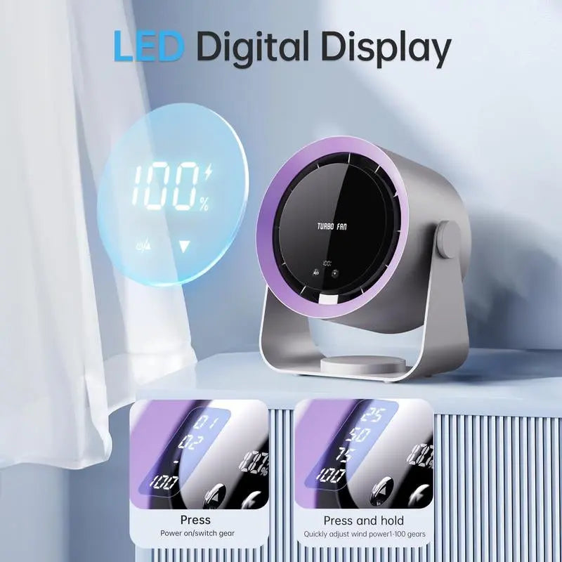 Portable Rechargeable Desk Fan – Turbo Airflow with Digital Display
