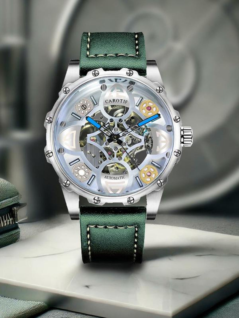 Men'S Business Fashion Hollow Out Design Mechanical Watch, Fashion round Dial Watch, Trendy Watch for Daily Life with Box
