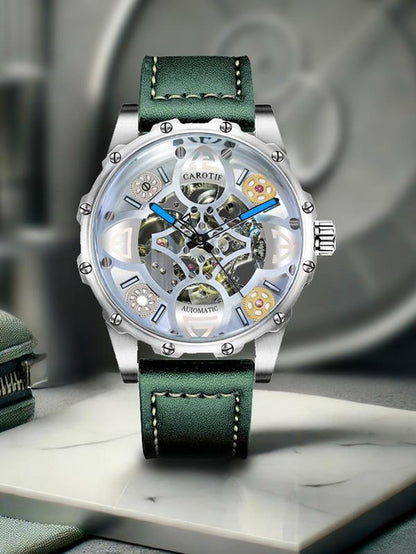 Men'S Business Fashion Hollow Out Design Mechanical Watch, Fashion round Dial Watch, Trendy Watch for Daily Life with Box