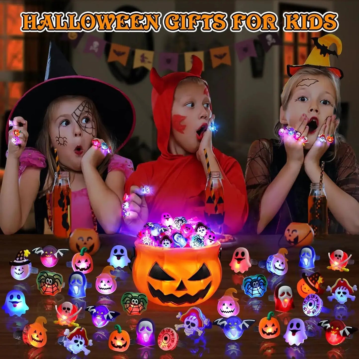 "20/50pcs Halloween LED Rings – Spooky glowing fun for kids’ parties & trick-or-treat!"