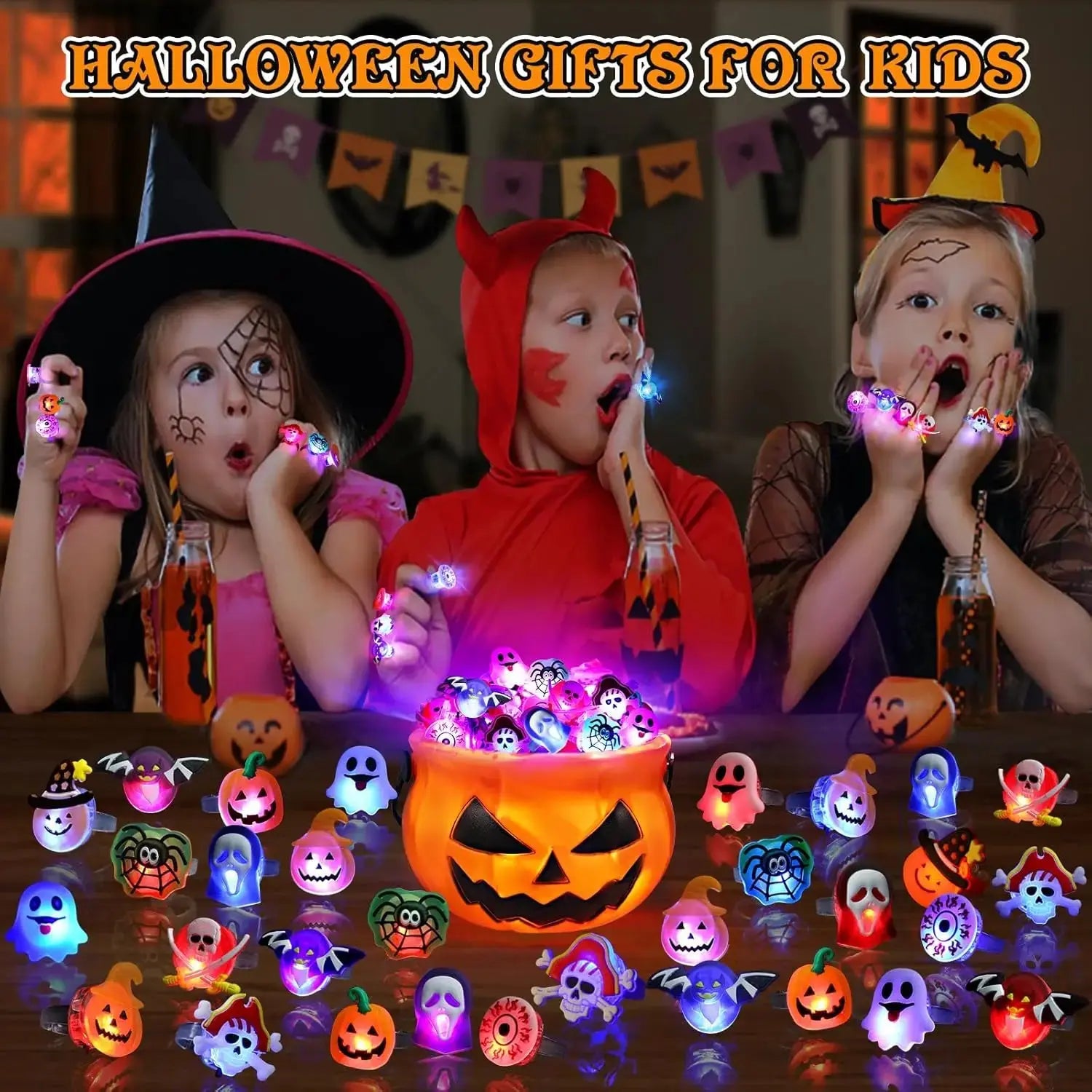 "20/50pcs Halloween LED Rings – Spooky glowing fun for kids’ parties & trick-or-treat!"