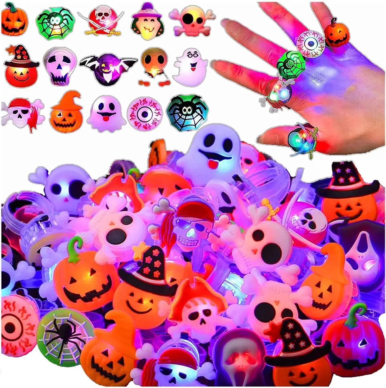 "20/50pcs Halloween LED Rings – Spooky glowing fun for kids’ parties & trick-or-treat!"