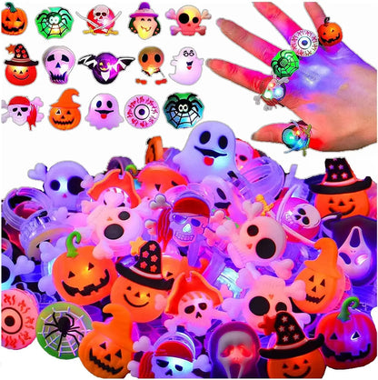"20/50pcs Halloween LED Rings – Spooky glowing fun for kids’ parties & trick-or-treat!"