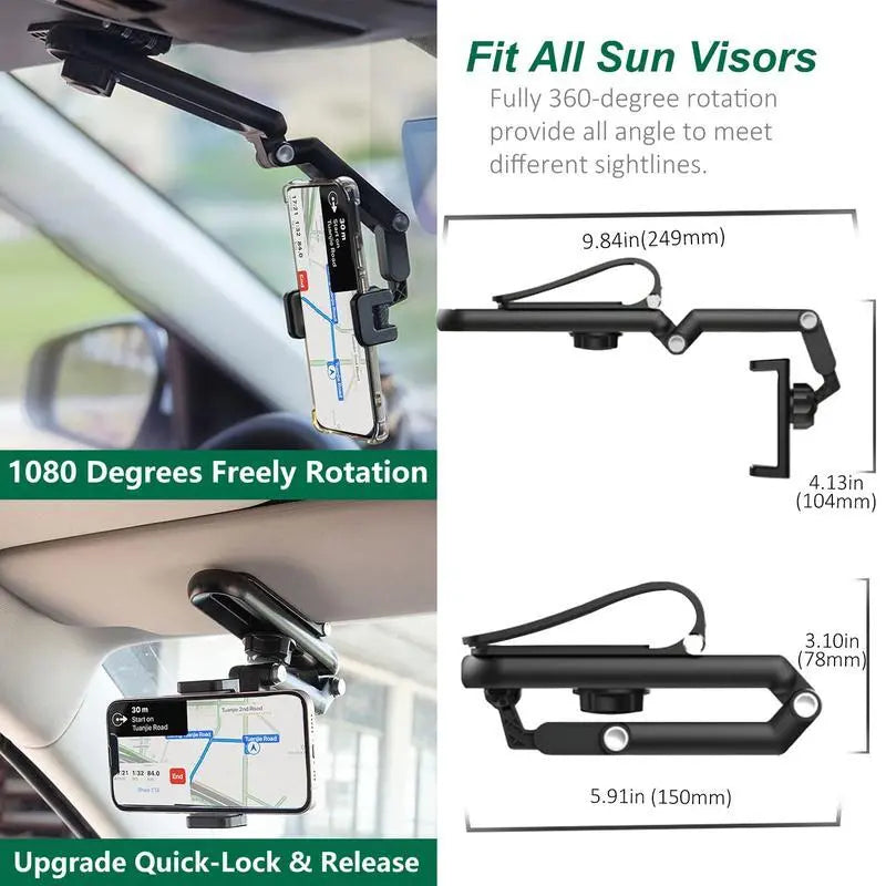 1080° Rotating Car Phone Holder – Multi-Function Sun Visor Mount