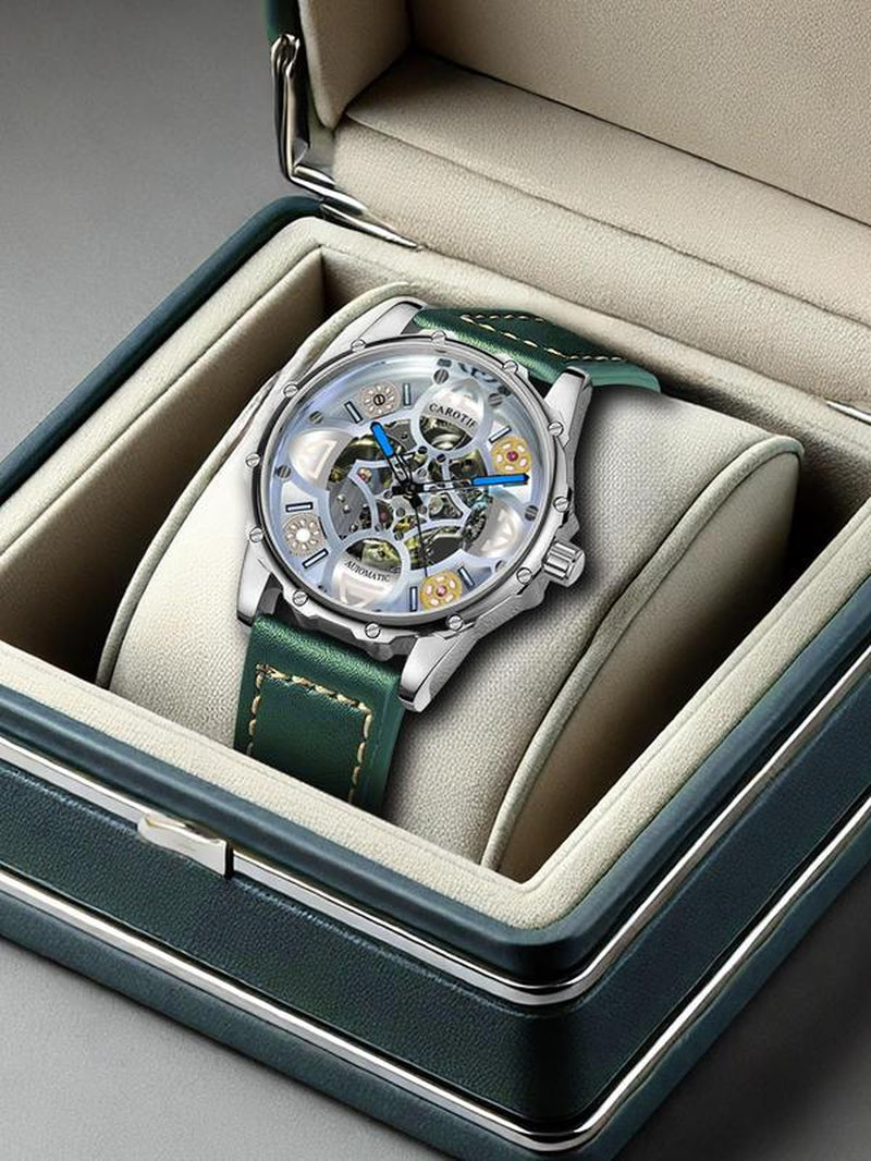 Men'S Business Fashion Hollow Out Design Mechanical Watch, Fashion round Dial Watch, Trendy Watch for Daily Life with Box