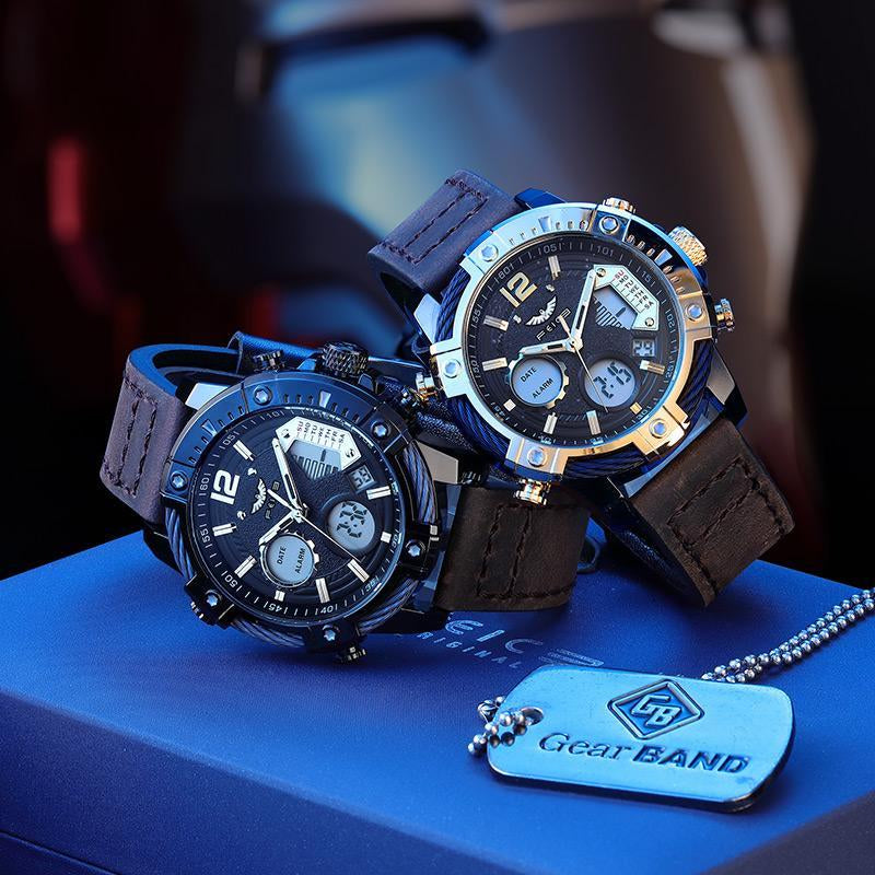 【Fallfreshness】Feice Fashion Men'S Watch Large Dial Waterproof Luminous Watch Fashion High-End Multifunctional Sports Dual Time Zone Watch Gift Set