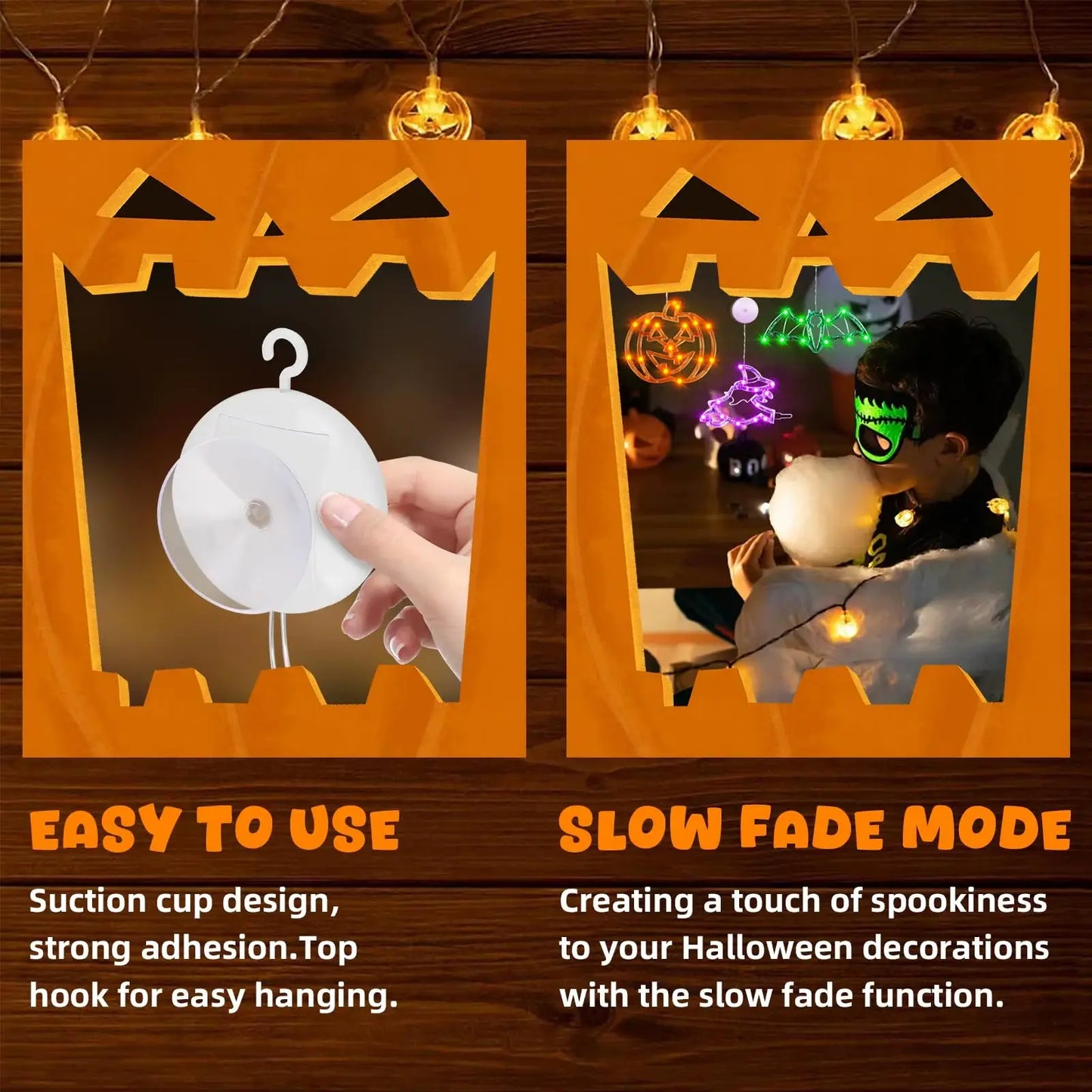 Halloween decorations, 3 pcs. Halloween lights, orange pumpkin, purple witch, green bat. Cute Halloween decorations for indoor parties.