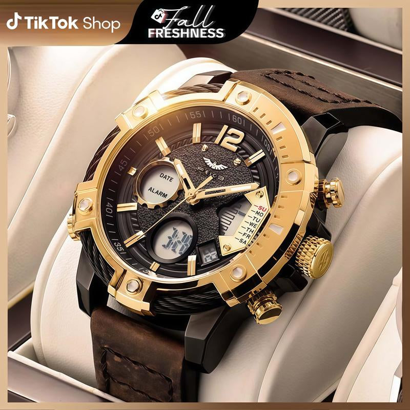 【Fallfreshness】Feice Fashion Men'S Watch Large Dial Waterproof Luminous Watch Fashion High-End Multifunctional Sports Dual Time Zone Watch Gift Set