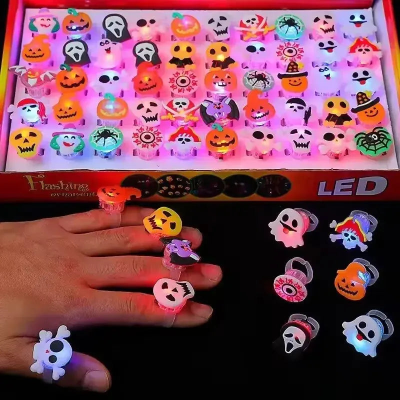 "20/50pcs Halloween LED Rings – Spooky glowing fun for kids’ parties & trick-or-treat!"
