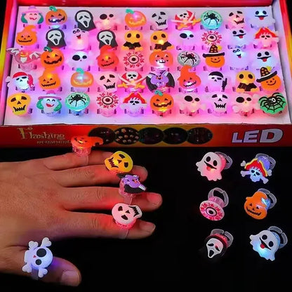 "20/50pcs Halloween LED Rings – Spooky glowing fun for kids’ parties & trick-or-treat!"
