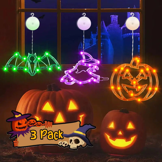 Halloween decorations, 3 pcs. Halloween lights, orange pumpkin, purple witch, green bat. Cute Halloween decorations for indoor parties.