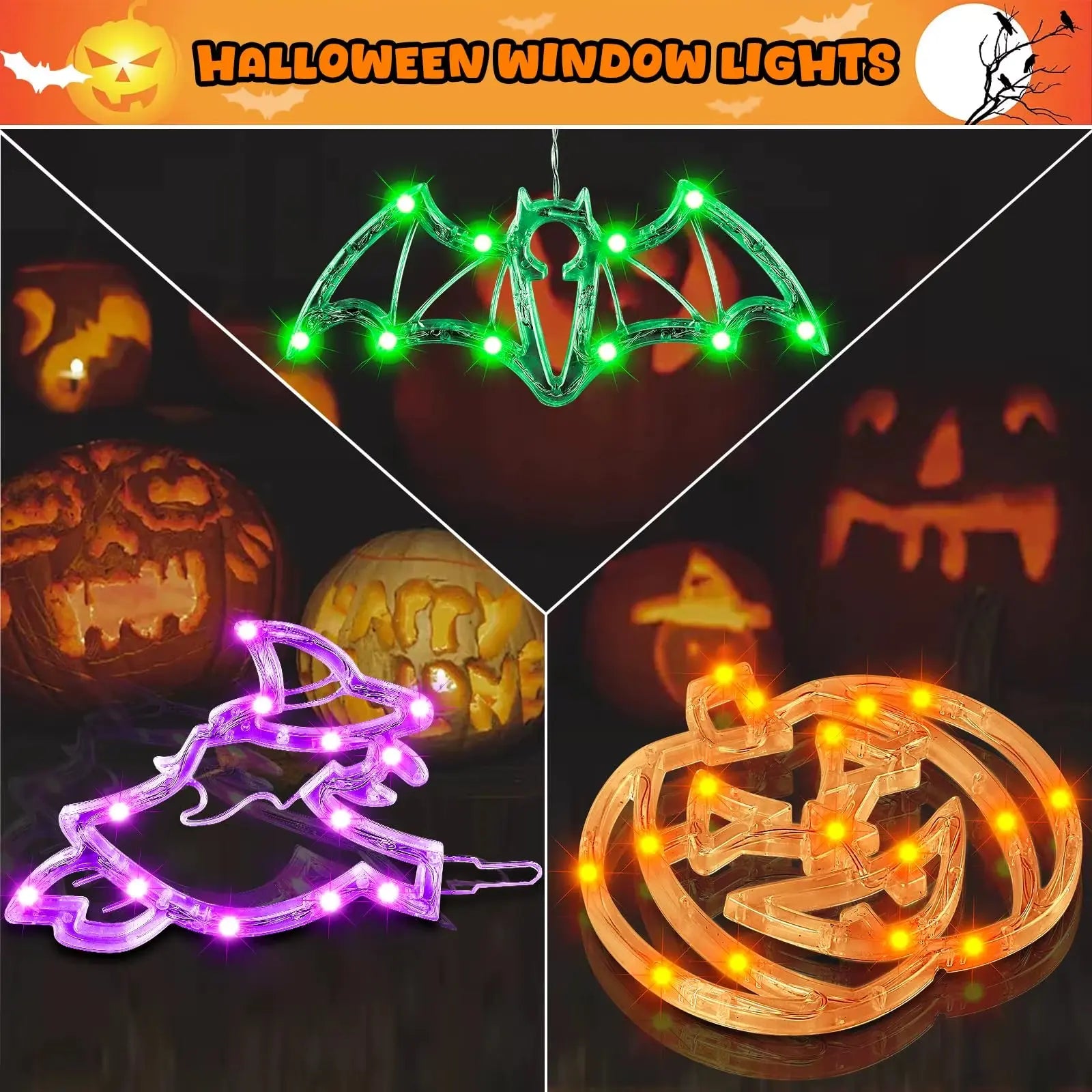 Halloween decorations, 3 pcs. Halloween lights, orange pumpkin, purple witch, green bat. Cute Halloween decorations for indoor parties.