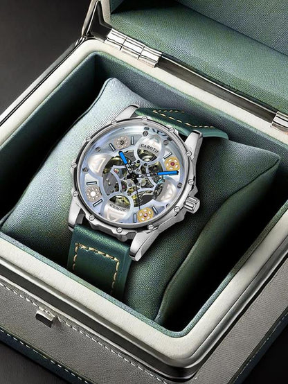 Men'S Business Fashion Hollow Out Design Mechanical Watch, Fashion round Dial Watch, Trendy Watch for Daily Life with Box