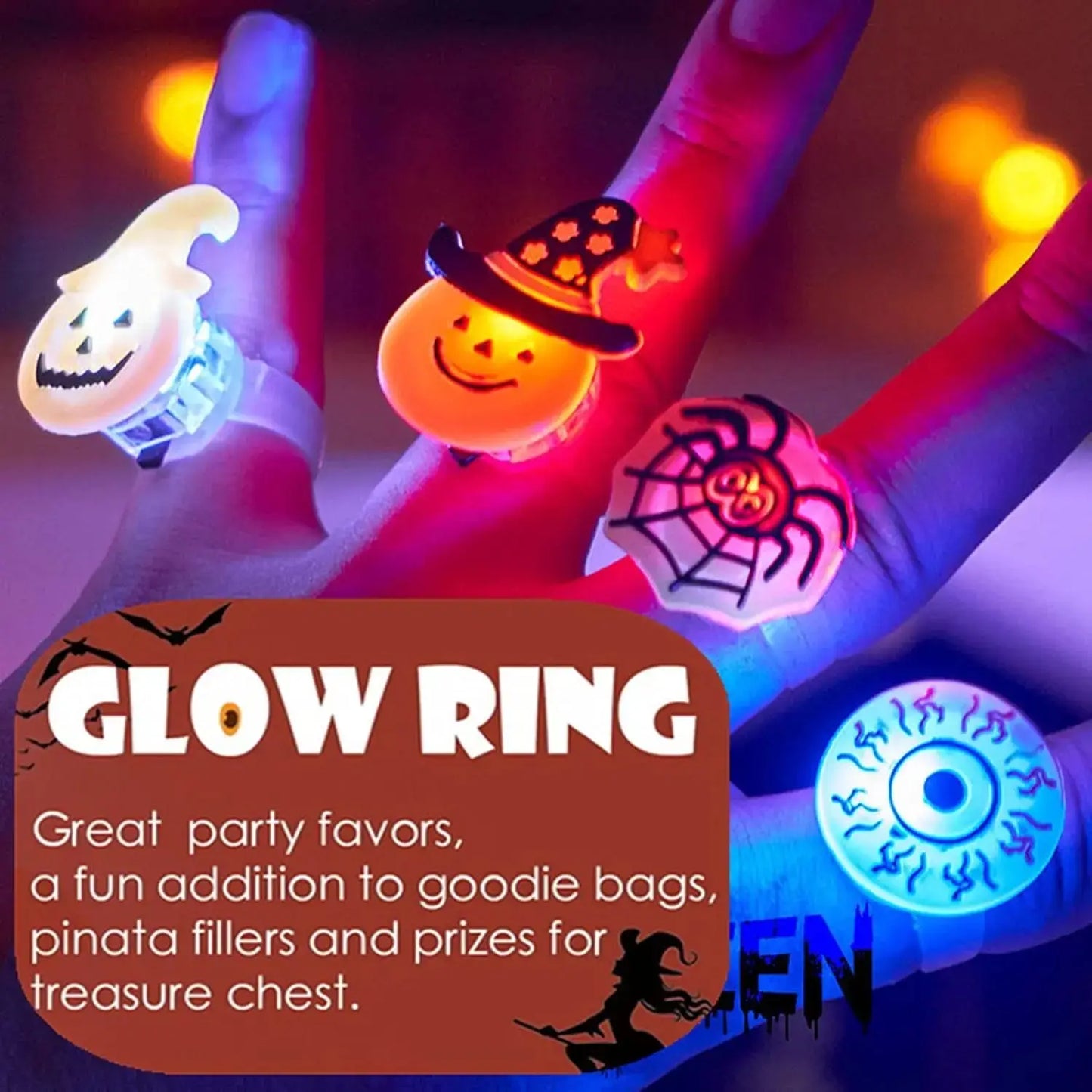 "20/50pcs Halloween LED Rings – Spooky glowing fun for kids’ parties & trick-or-treat!"