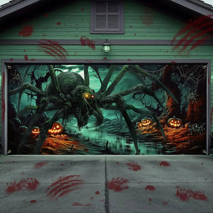 Large Halloween Garage Door Decoration – Horror Spider, Pumpkin & Bat Banner for Spooky Parties & Outdoor Display
