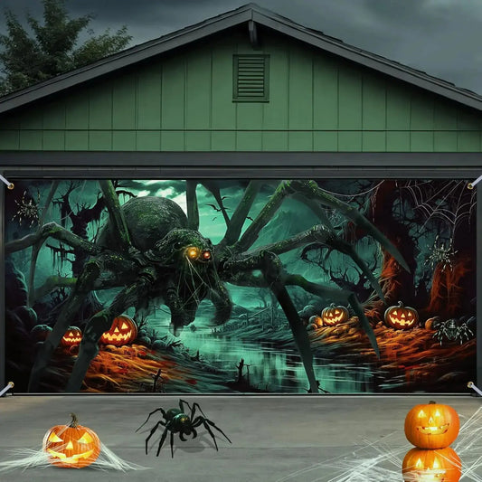 Large Halloween Garage Door Decoration – Horror Spider, Pumpkin & Bat Banner for Spooky Parties & Outdoor Display