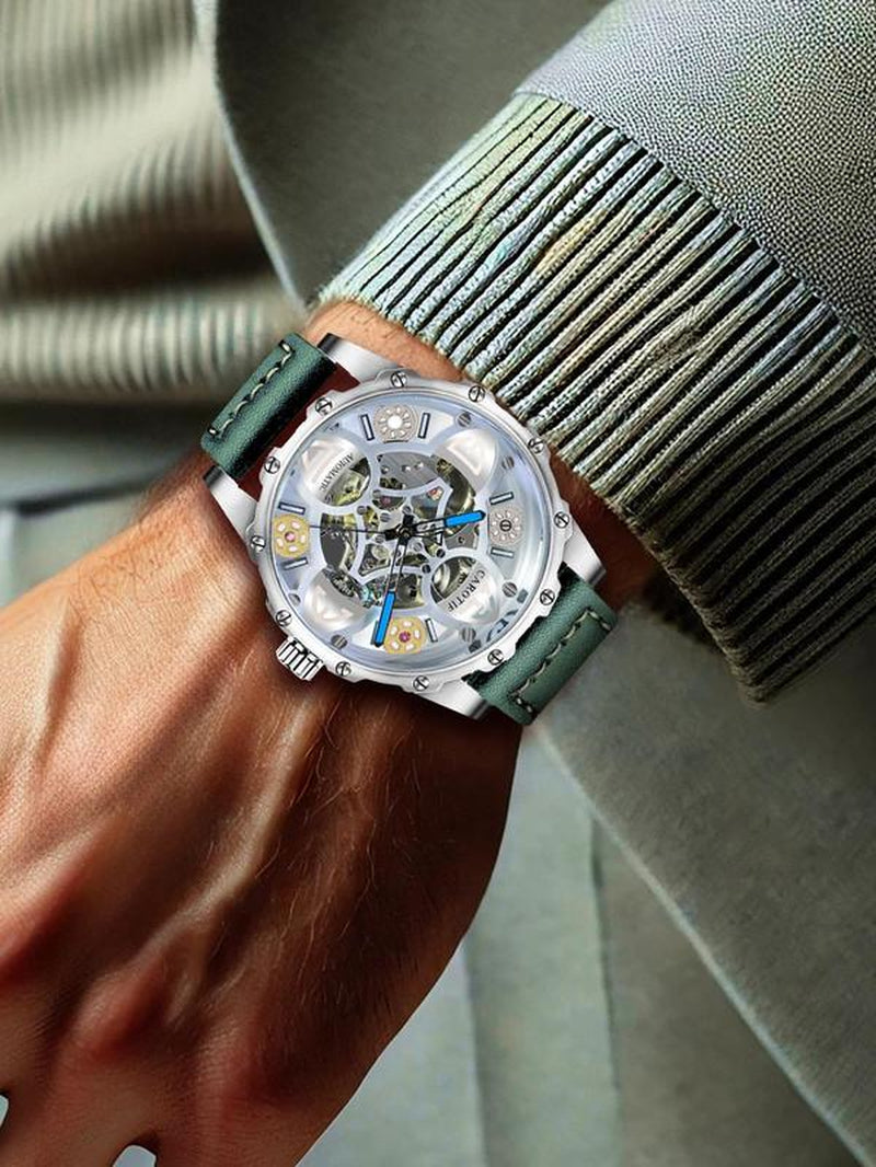 Men'S Business Fashion Hollow Out Design Mechanical Watch, Fashion round Dial Watch, Trendy Watch for Daily Life with Box