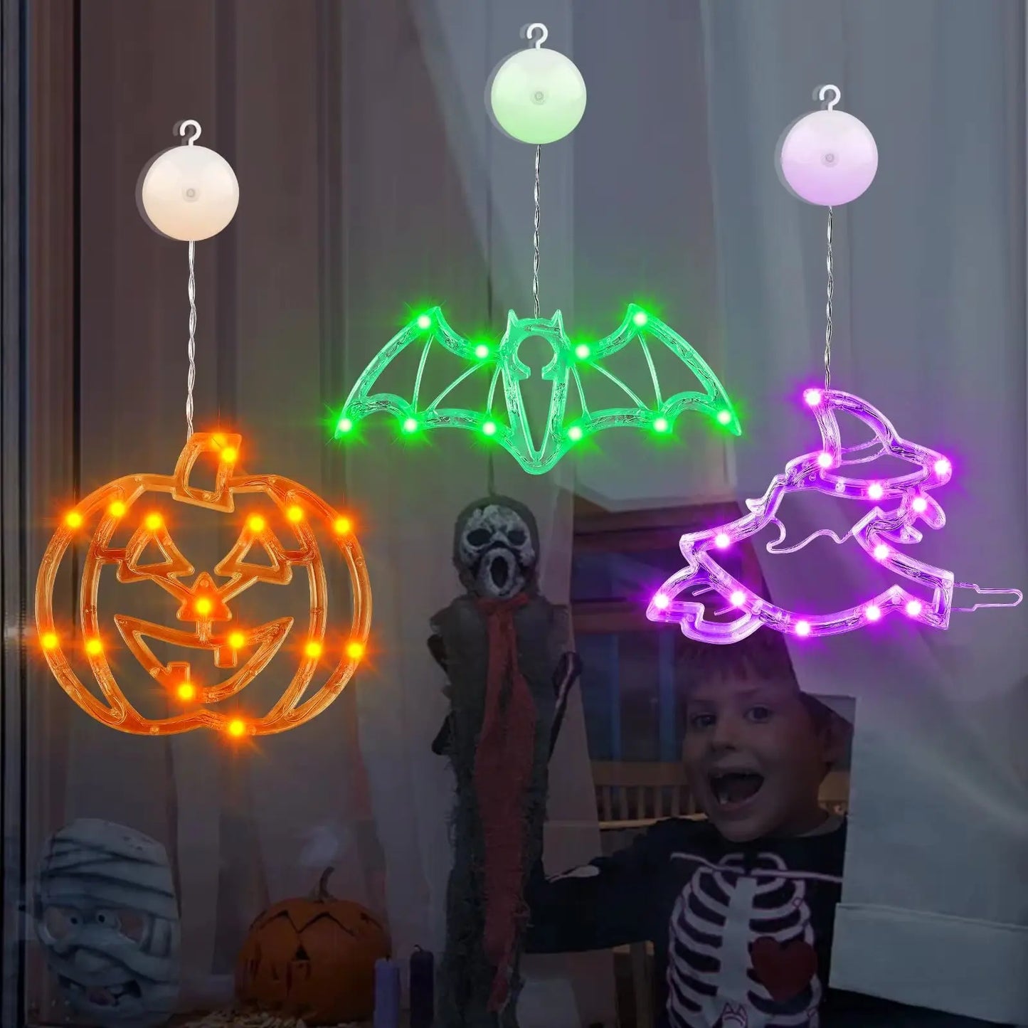 Halloween decorations, 3 pcs. Halloween lights, orange pumpkin, purple witch, green bat. Cute Halloween decorations for indoor parties.