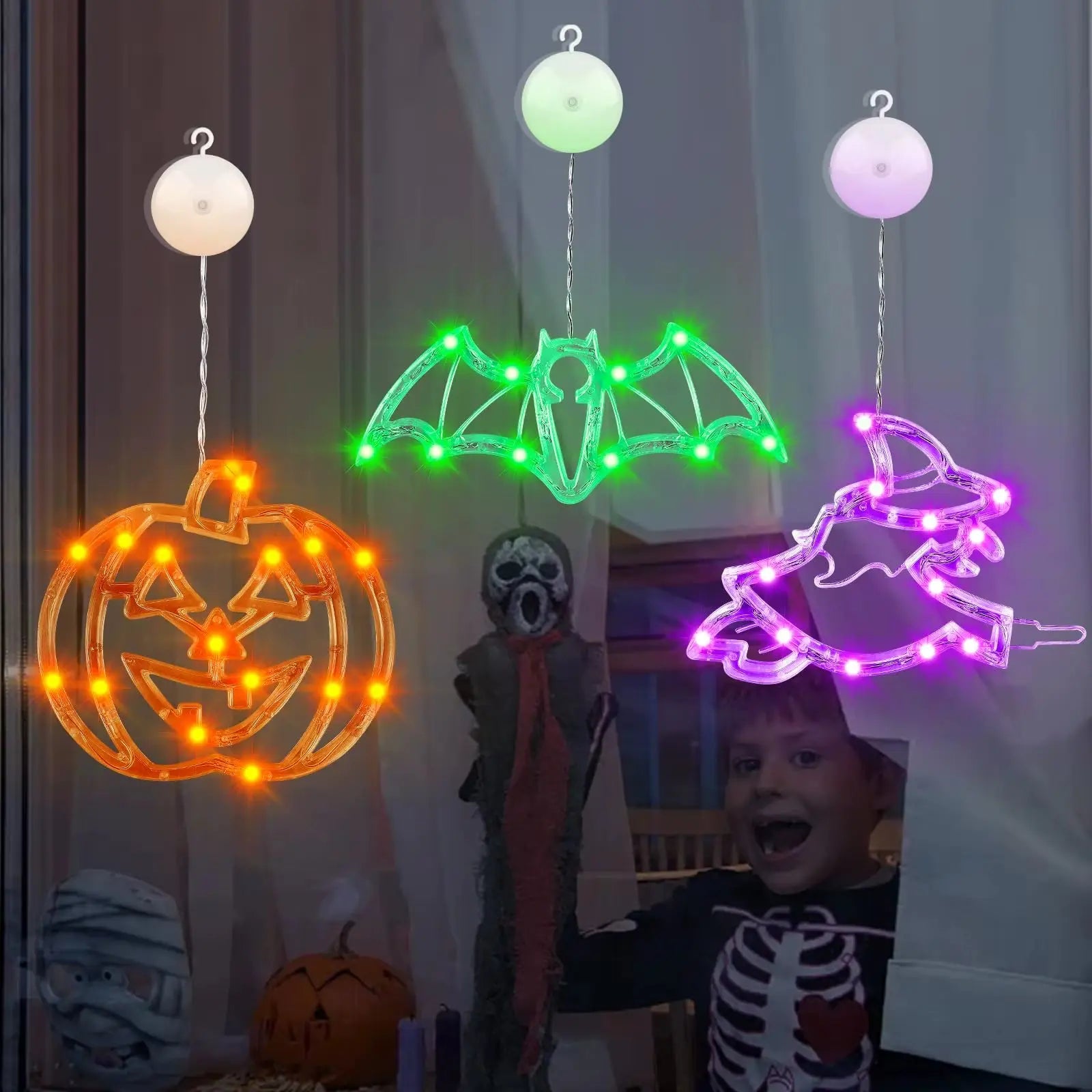 Halloween decorations, 3 pcs. Halloween lights, orange pumpkin, purple witch, green bat. Cute Halloween decorations for indoor parties.