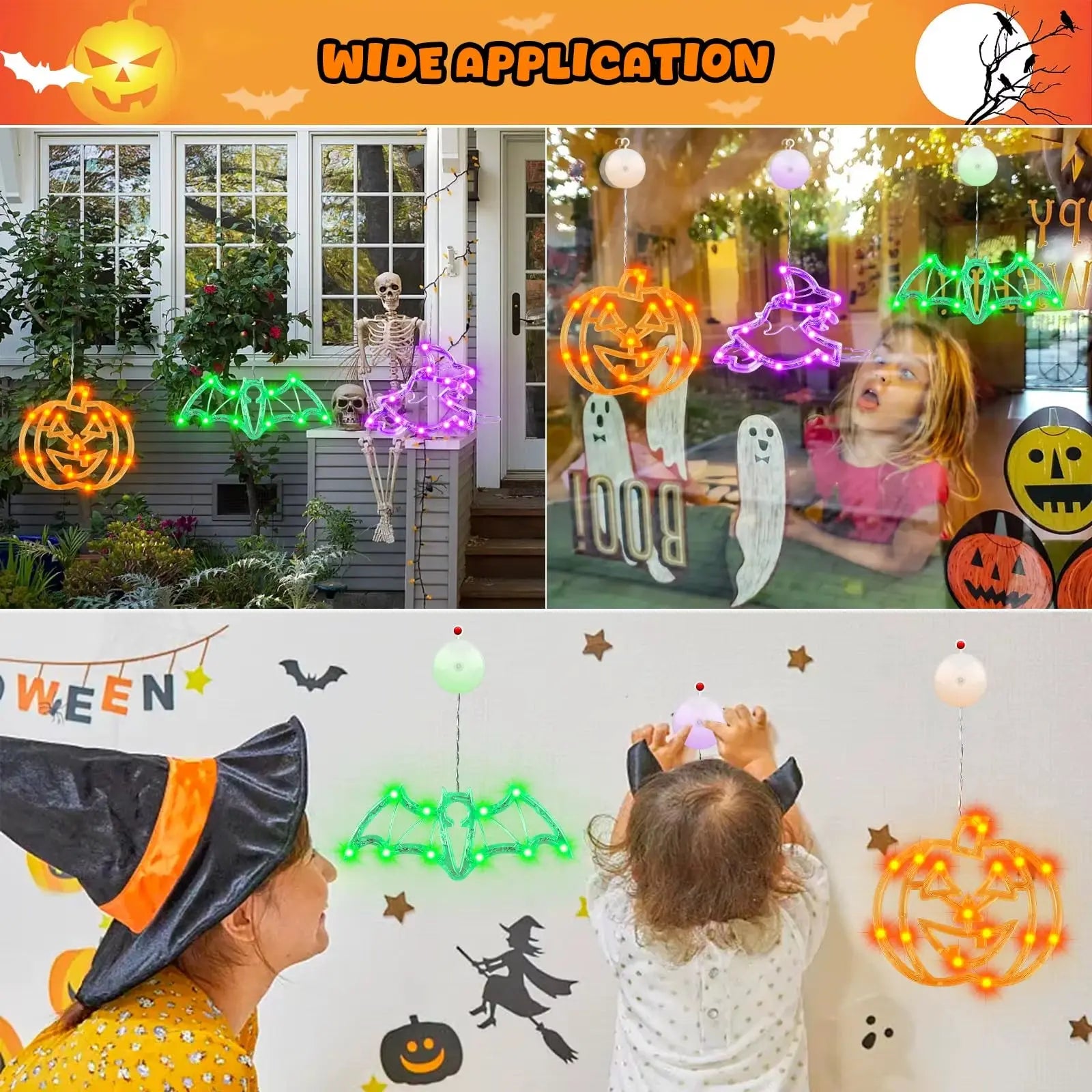 Halloween decorations, 3 pcs. Halloween lights, orange pumpkin, purple witch, green bat. Cute Halloween decorations for indoor parties.