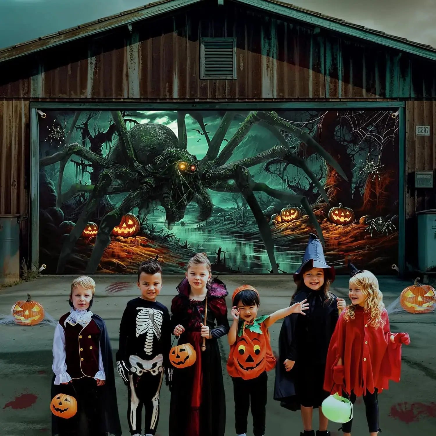 Large Halloween Garage Door Decoration – Horror Spider, Pumpkin & Bat Banner for Spooky Parties & Outdoor Display