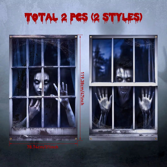 Halloween Ghost Window Covers – 2Pcs Creepy Male & Female Silhouette Curtain Posters