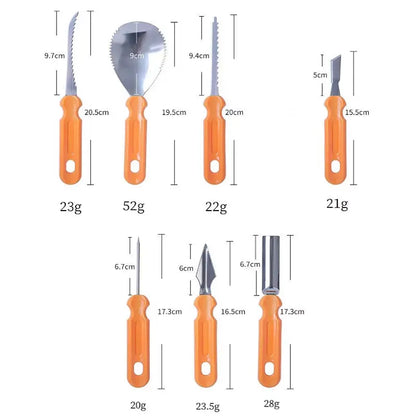 "7-in-1 Pumpkin Carving Tools – Everything you need for perfect Halloween pumpkins."