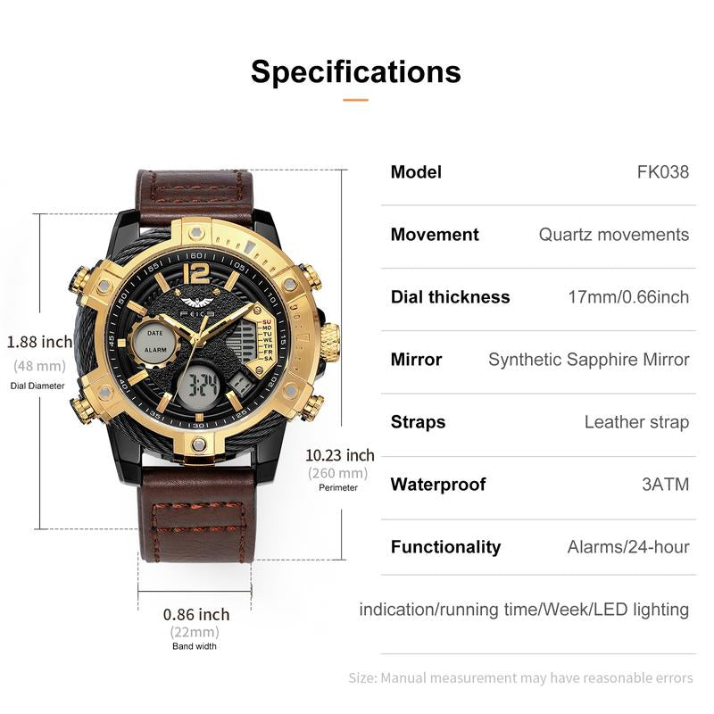 【Fallfreshness】Feice Fashion Men'S Watch Large Dial Waterproof Luminous Watch Fashion High-End Multifunctional Sports Dual Time Zone Watch Gift Set
