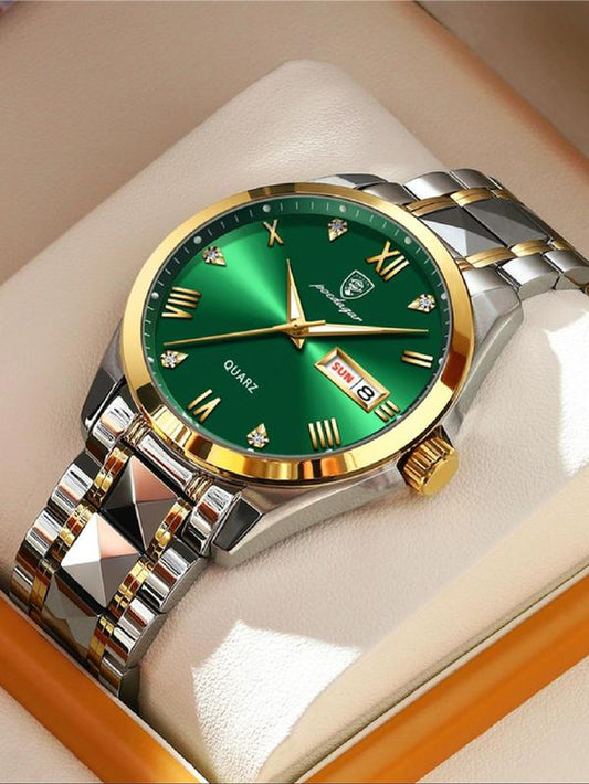 Men'S Business Fashion Rhinestone Decorated Analog-Digital Quartz Watch, Fashion Modern Watch for Party Decor, Trendy Exquisite Watch for Birthday Gift without Box