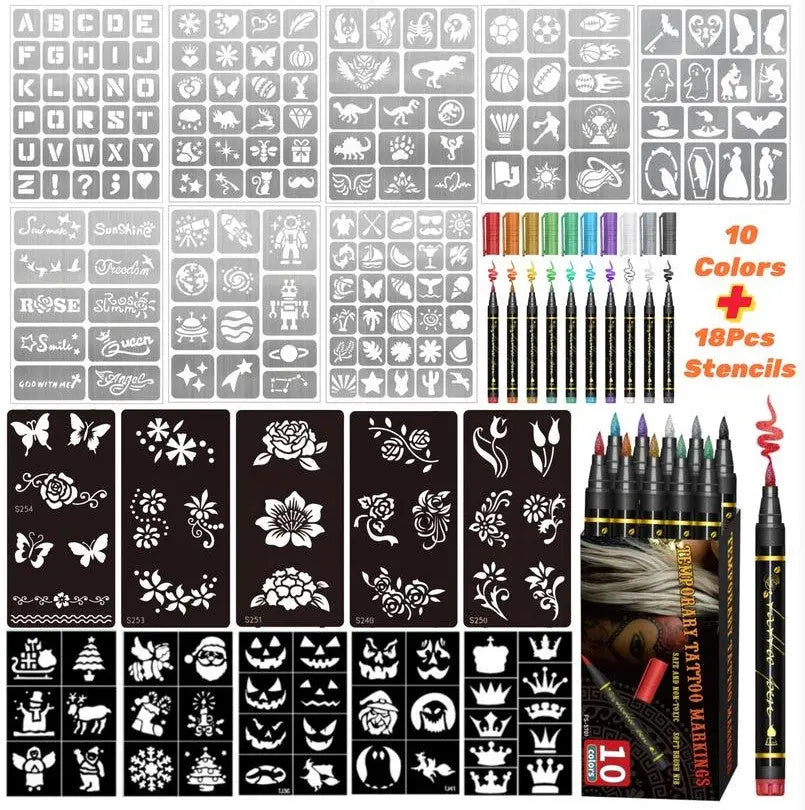 Temporary Tattoo Markers – 10/15 Color Skin-Safe Tattoo Pens